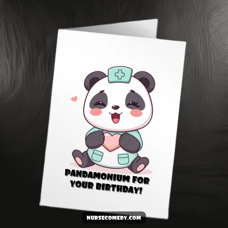 Funny Free Printable Panda Nurse Birthday Card showing a cute character giving an excited, heart-adorned hug, perfect for a cheerful greeting.