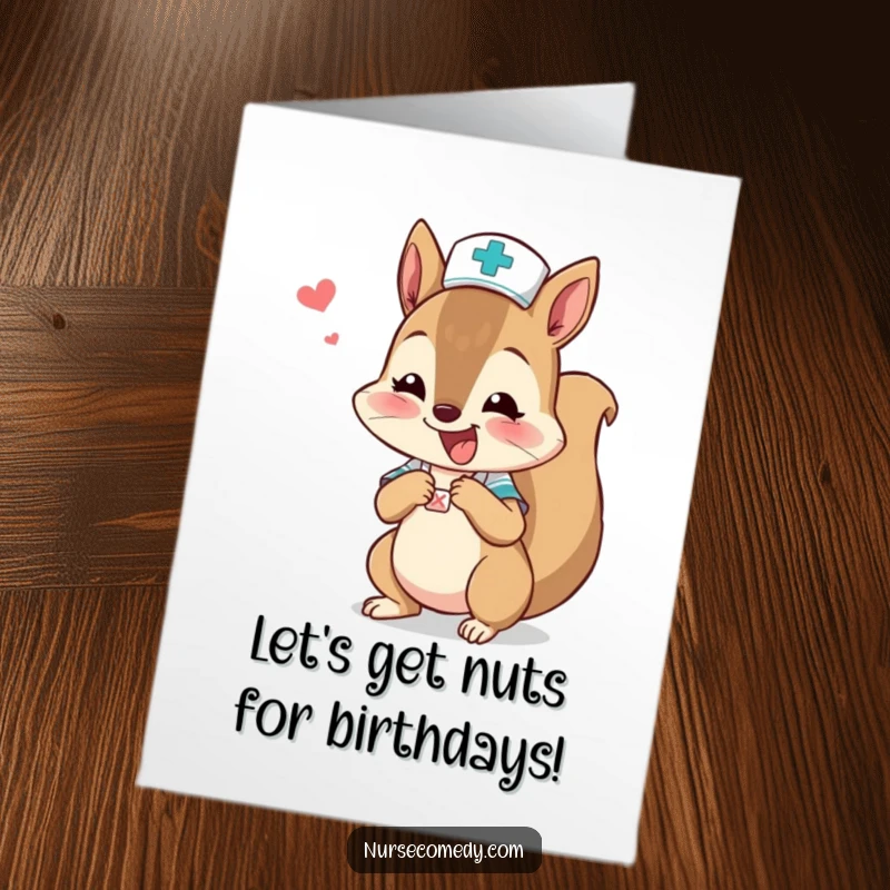 Funny Free Printable Birthday Card: Excited squirrel nurse diligently bandages a tiny boo-boo.