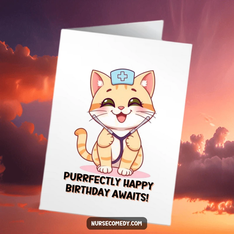 Funny Free Printable Birthday Card: A smiling cat nurse with a stethoscope bouncing playfully, spreading birthday cheer.