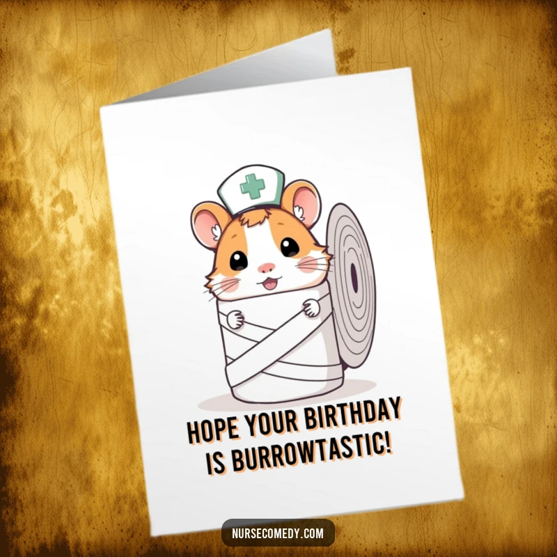 Funny Free Printable Hamster Nurse Birthday Card: A curious hamster nurse peeks from behind a giant bandage, wishing happy birthday.