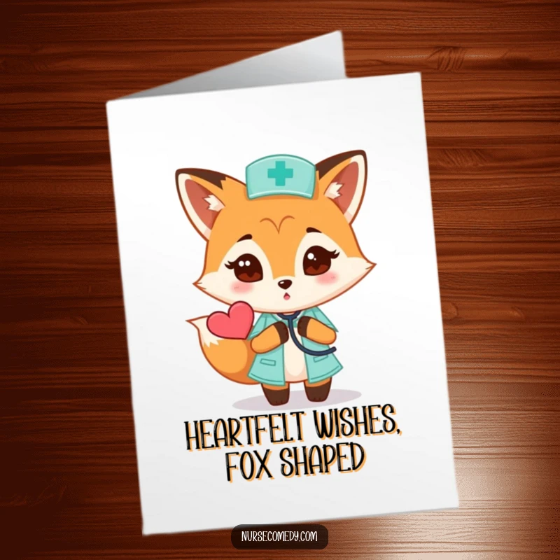 Funny Free Printable Birthday Card: Curious fox nurse peeking at heart with stethoscope, perfect DIY gift.