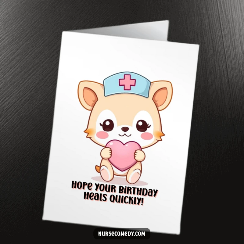 Funny Free Printable Birthday Card: A Kawaii nurse animal with a heart bandage offers cheerful birthday wishes with a caring touch.