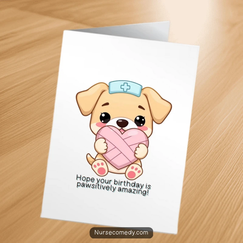 Funny Free Printable Kawaii Puppy Nurse Birthday Card, cute puppy holding a bandaged heart, perfect for get well birthday wishes.