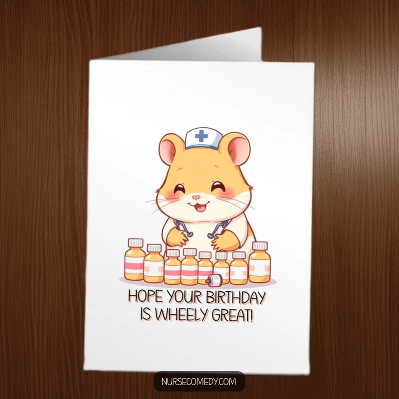 Funny Free Printable birthday card: A smiling hamster nurse meticulously organizing a collection of tiny medicine bottles with care.