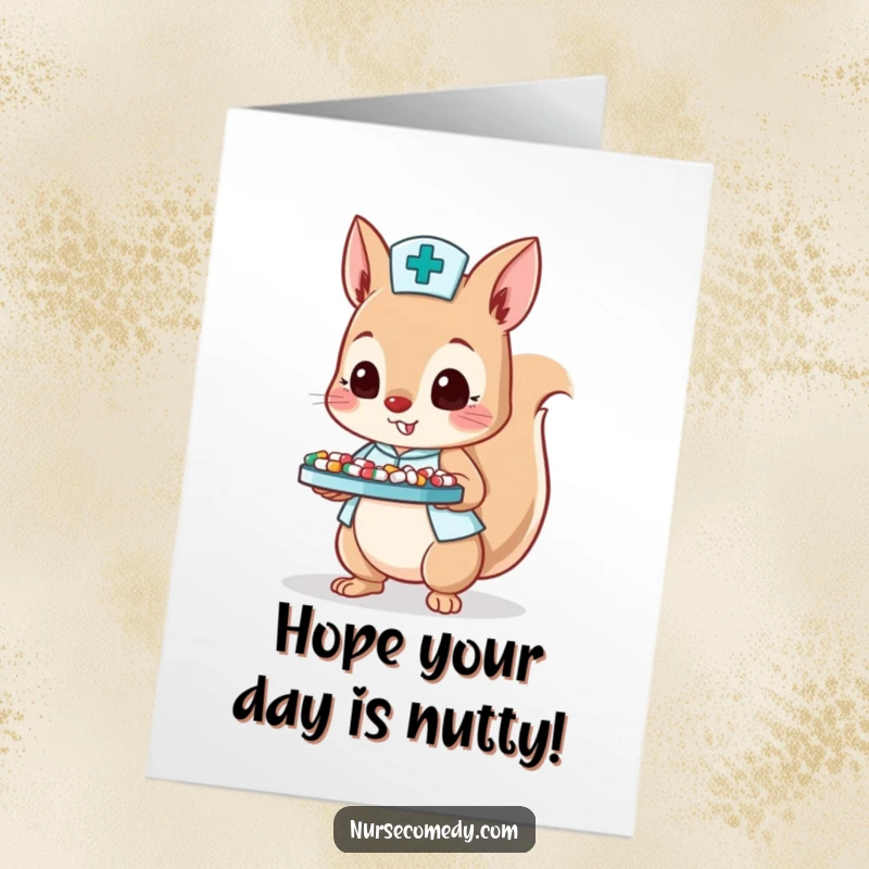 Funny Free Printable Birthday Card: Squirrel nurse balances a tray of tiny pills, ready to help celebrate.