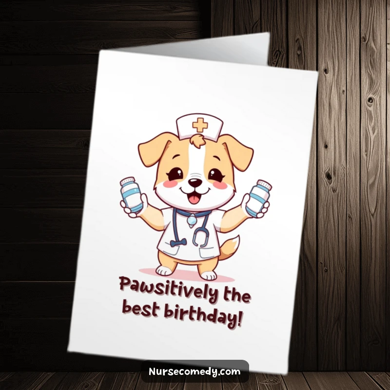 Funny Free Printable Birthday Card: Kawaii dog nurse gleefully juggling medicine bottles, perfect for a vet or healthcare hero.