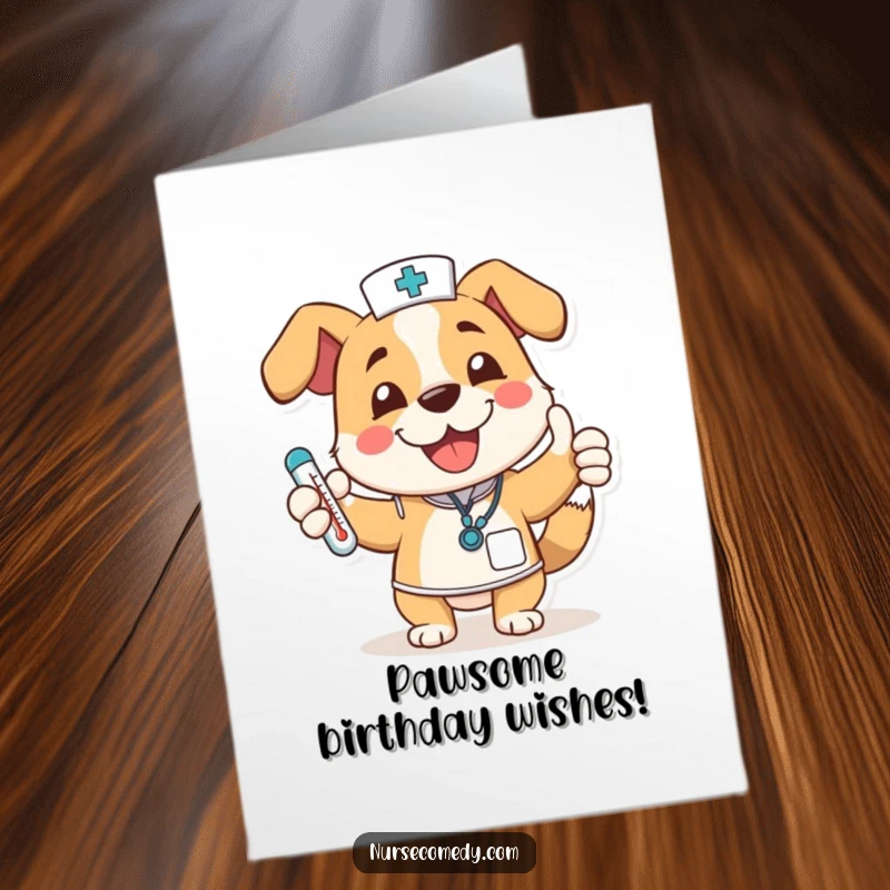 Funny Free Printable Birthday Card: Joyful dog nurse wagging tail, giving thumbs up with a thermometer, celebrating a birthday.