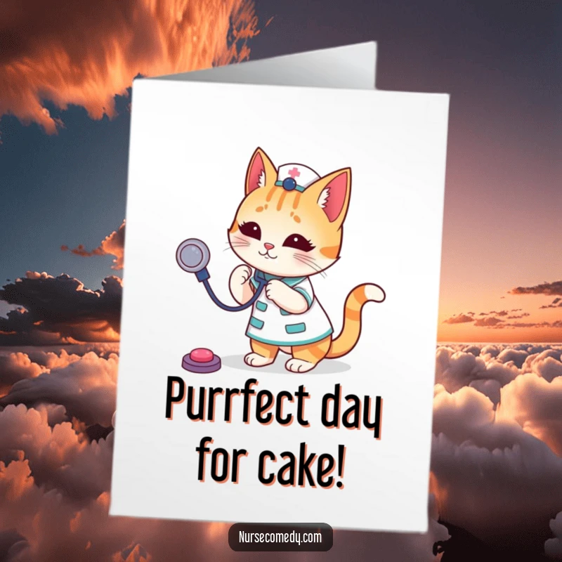 Funny Free Printable Birthday Card featuring a cat nurse playfully bouncing a stethoscope like a toy, ready for a laugh.