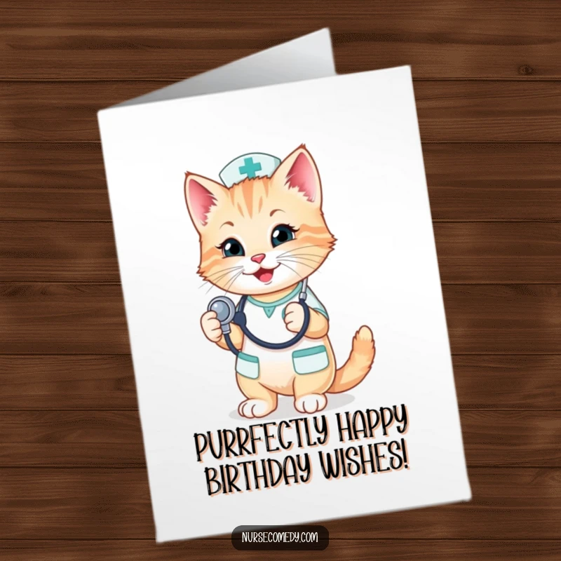 Funny Free Printable Birthday Card: A smiling kitten nurse playfully holds a stethoscope to its chest with adorable charm.