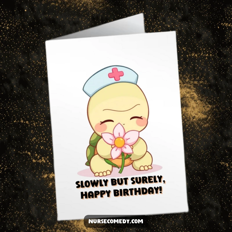 Funny Free Printable Birthday Card: A calm turtle nurse slowly offers a flower, perfect for a unique, humorous greeting.