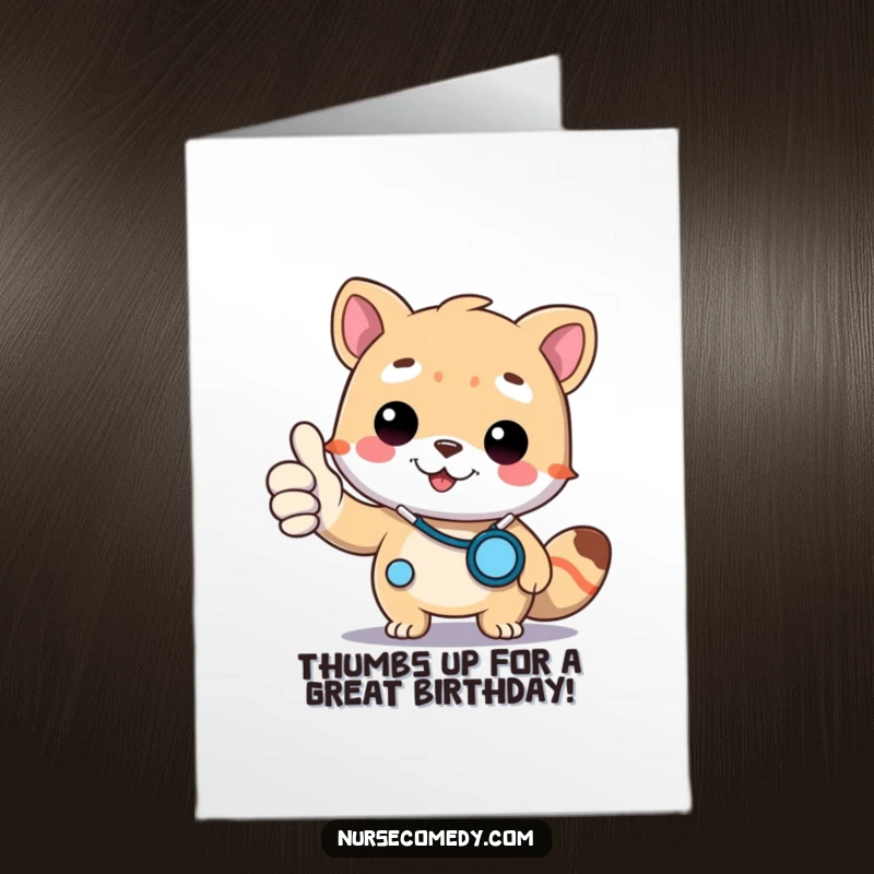 Funny Free Printable Birthday Card: A Kawaii doctor animal gives a thumbs up with a stethoscope, celebrating with good health vibes.