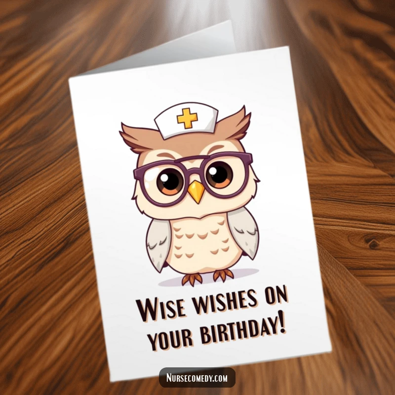 Funny Free Printable Birthday Card: A kawaii owl nurse peering through big glasses, wishing you a wise and happy birthday.