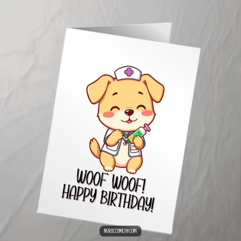 Funny Free Printable Birthday Card: A playful dog nurse gives a vitamin shot, wishing a healthy and happy birthday.