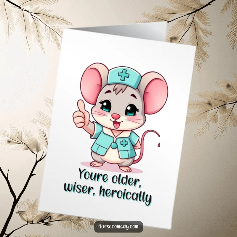 Funny Free Printable Mouse Nurse Card: Cheerful character giving a big thumbs up for a happy birthday greeting.