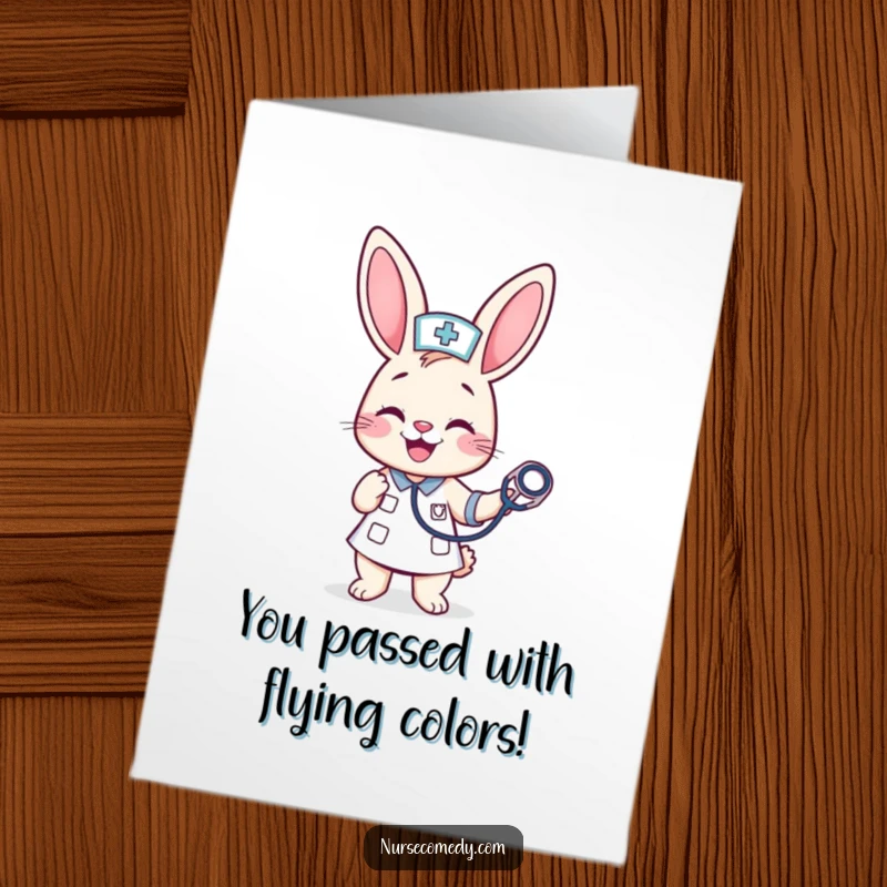 Funny Free Printable Congratulations Card: A cheerfully grinning kawaii bunny nurse, gleefully bouncing a stethoscope for good news.
