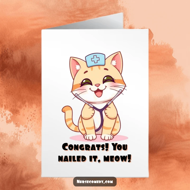 Funny Free Printable Congratulations Card: A smiling cat nurse with a stethoscope bouncing playfully, cheering for success.