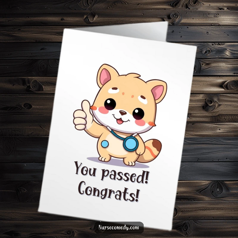 Funny Free Printable Congratulations Card: A Kawaii doctor animal with a stethoscope gives a thumbs up, celebrating great news.