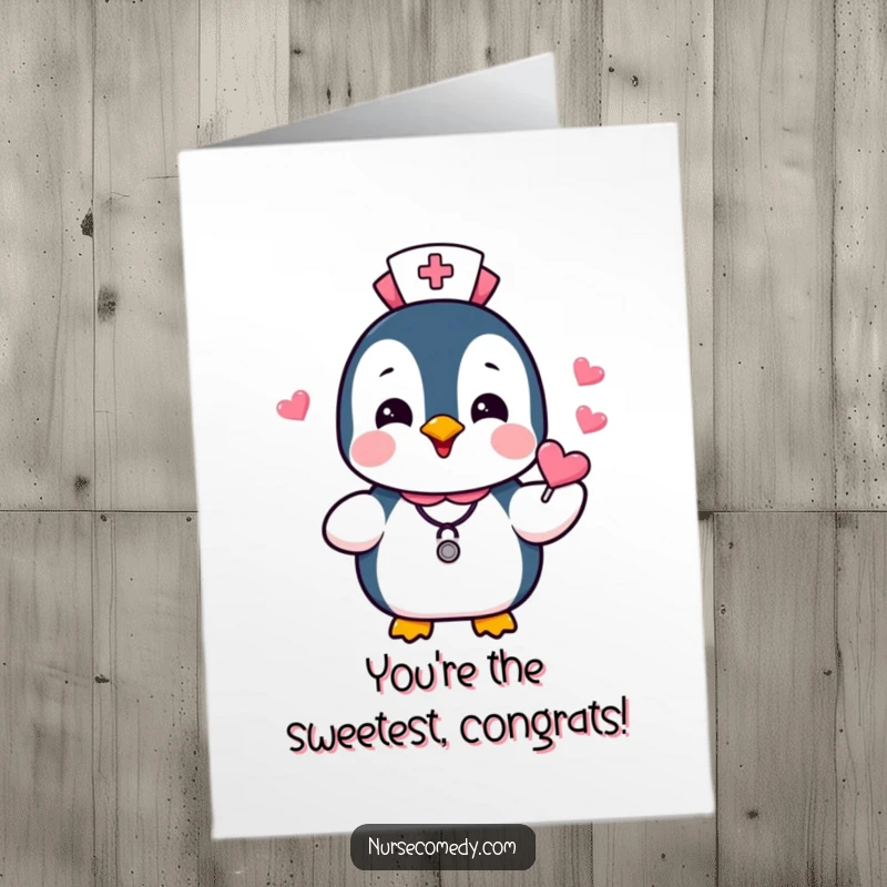 Funny Free Printable Congrats Card: A penguin nurse gleefully distributing heart candies, a sweet way to share congratulations, DIY.