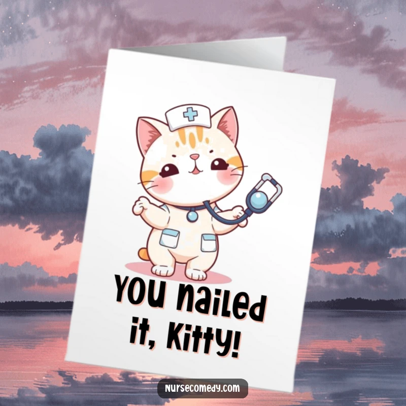 Funny Free Printable Congratulations Card: A kawaii cat nurse happily bouncing a stethoscope, treating it like a playful toy.