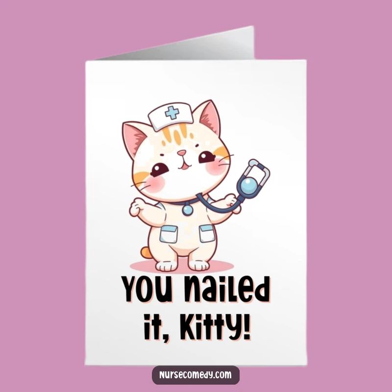 Free Printable Congrats Card: Kawaii Cat Nurse's Playtime, Joyful Humorous Downloadable Gift