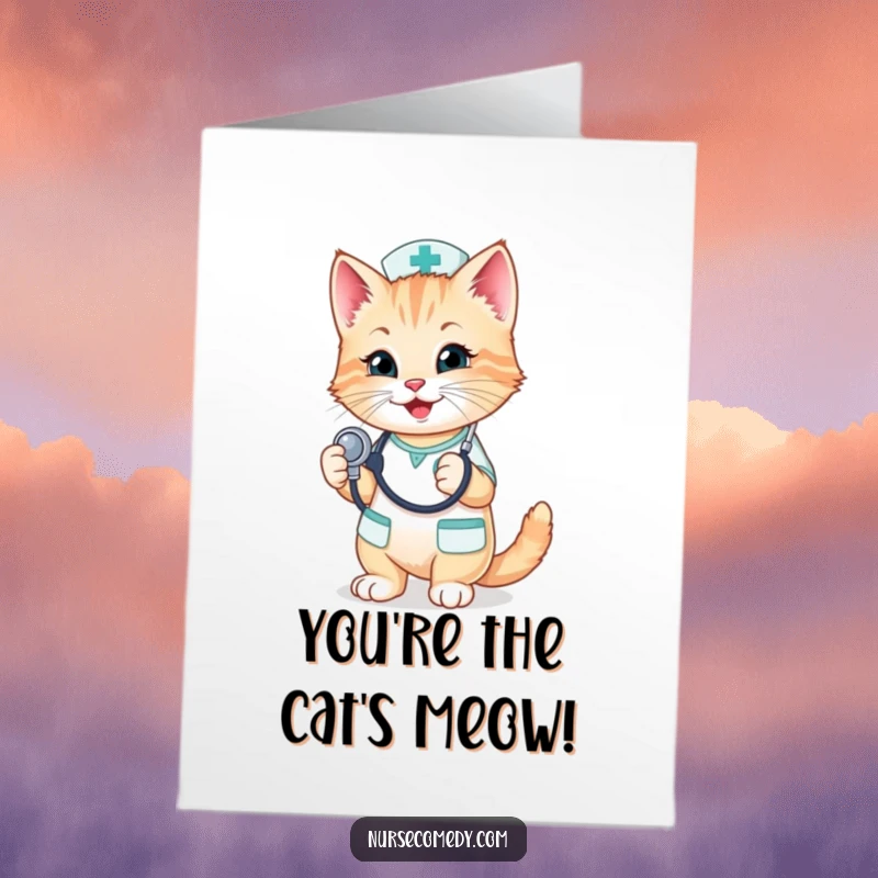 Funny Free Printable Congratulations Card: A smiling kitten nurse holds a stethoscope playfully, celebrating a successful outcome.