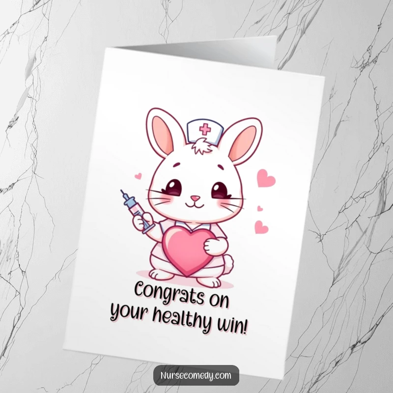 Funny Free Printable Congratulations Card: A cute rabbit nurse winks, holding a syringe and heart, celebrating good news.