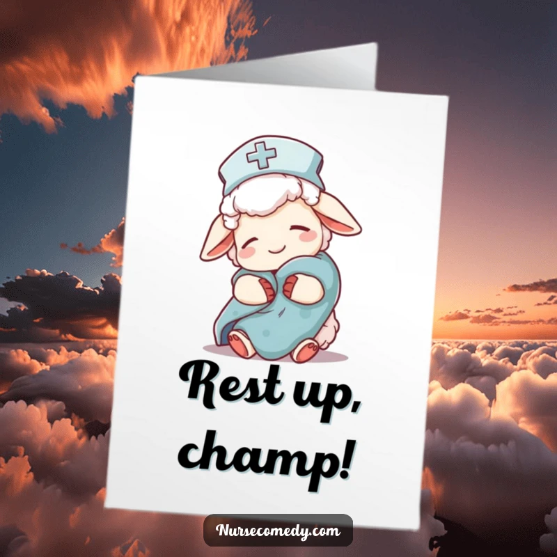 Funny Free Printable Congrats Card: Sleepy sheep nurse character in a nightcap, holding a comfort blanket, conveying calm wishes.