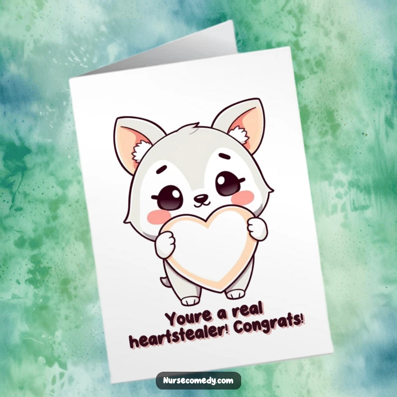 Funny Free Printable Congratulations Card: A winking Kawaii animal offers a giant heart pill, symbolizing sweet success and joy.