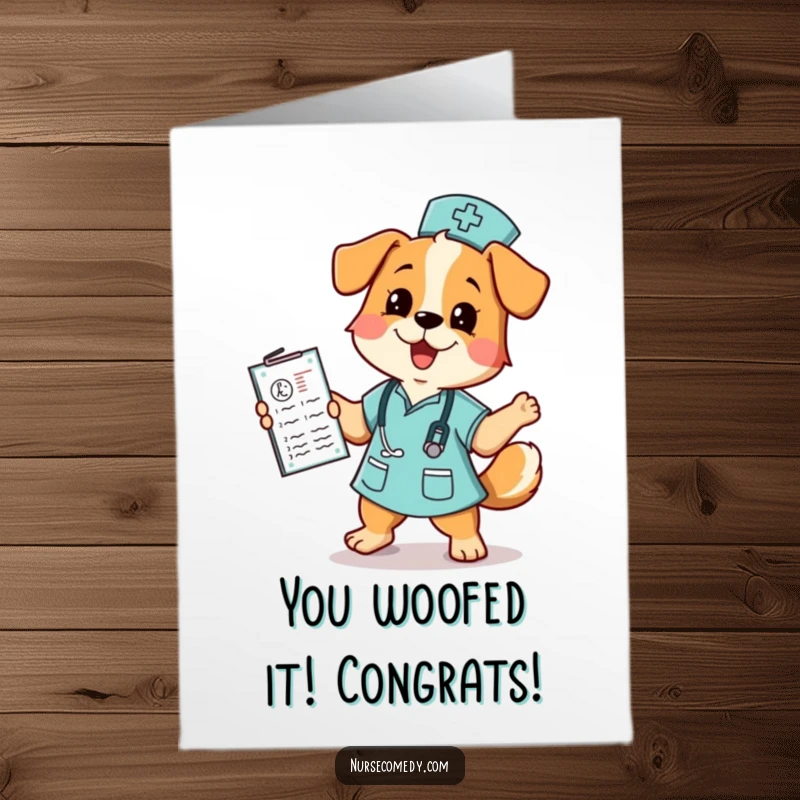 Funny Free Printable Dog Nurse Congratulations Card: A cheerful dog nurse dances with a medical chart, celebrating an achievement.