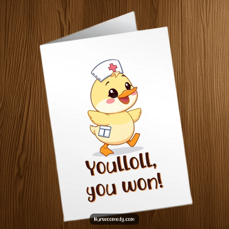 Funny Free Printable Duck Nurse Congrats Card featuring a kawaii duck waddling with a wide, joyful smile, perfect for celebrating success.