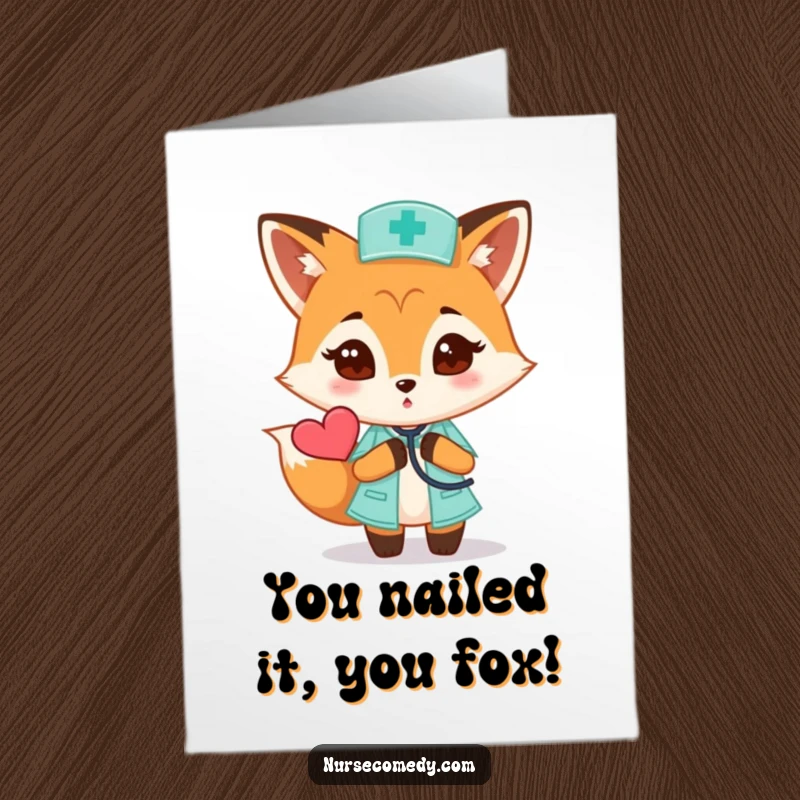 Free Printable Congratulations Card: Fox nurse with stethoscope examining a heart, a funny downloadable gift.