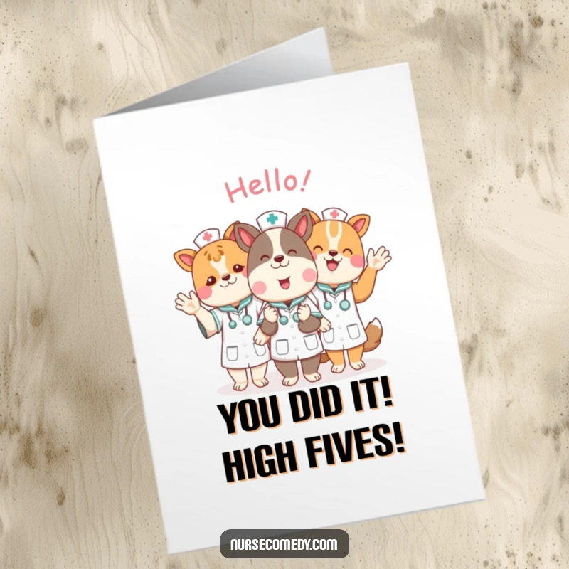 Funny Free Printable Congratulations Card showing cute animal nurses waving hello, conveying joyful and humorous congratulations for any achievement.