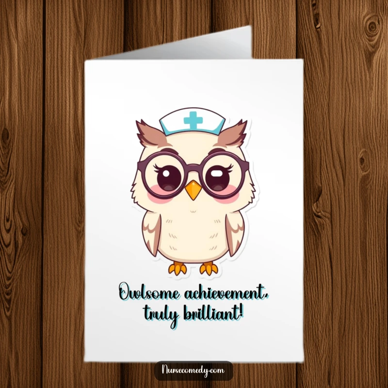 Funny Free Printable Kawaii Owl Nurse Congrats Card, curious owl with glasses, perfect for celebrating intelligence and success.