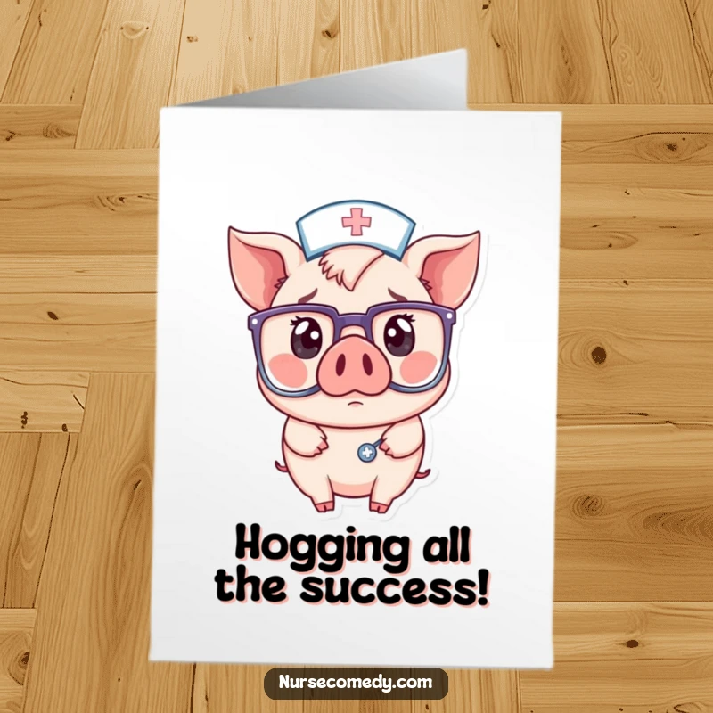 Funny Free Printable Congratulations Card: A kawaii pig nurse in big glasses, looking delightfully surprised at their achievement.
