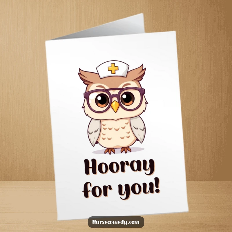 Funny Free Printable Congratulations Card: A kawaii owl nurse with spectacles, celebrating your smart and impressive achievements.