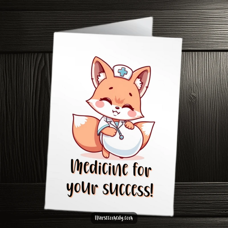 Funny Free Printable Congrats Card: A cute Kawaii fox nurse peeking out from behind a large pill capsule, wearing a cheeky grin.