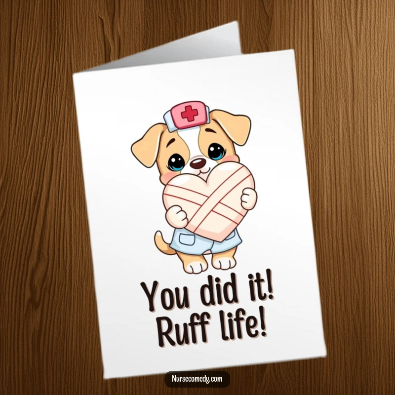 Funny Free Printable Congratulations Card: A kawaii puppy nurse with a bandaged heart, celebrating your amazing achievements with a smile.
