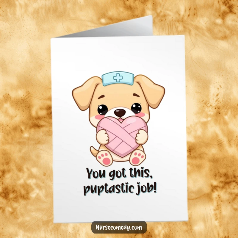 Funny Free Printable Kawaii Puppy Nurse Congrats Card, adorable puppy holding a bandaged heart, celebrating love and success.