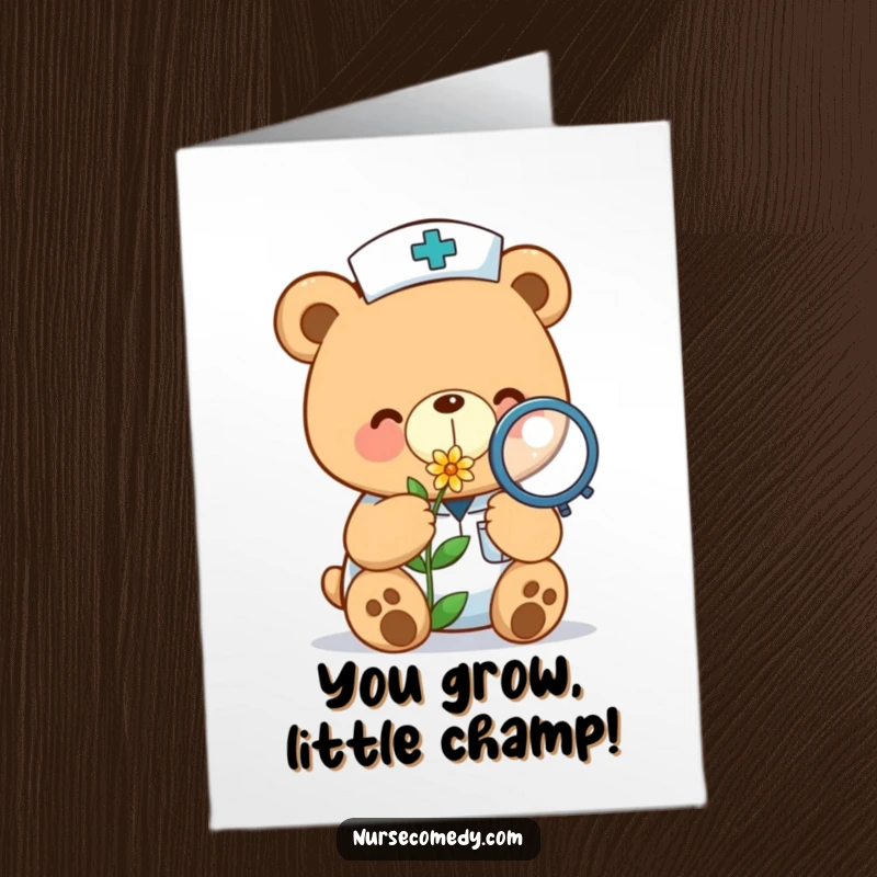 Funny Free Printable Congratulations Card: A kawaii bear nurse intently studying a tiny flower with a magnifying glass, showing dedication.