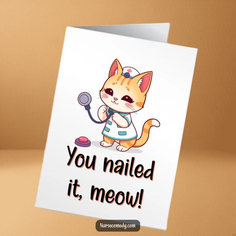 Funny Free Printable Congrats Card: Playful cat nurse bouncing a stethoscope, cheering for your success, a delightful DIY gift.