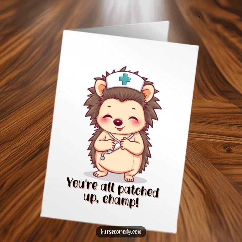 Funny Free Printable Congratulations Card: Hedgehog nurse bandages a paw, perfect for get well or congratulations.