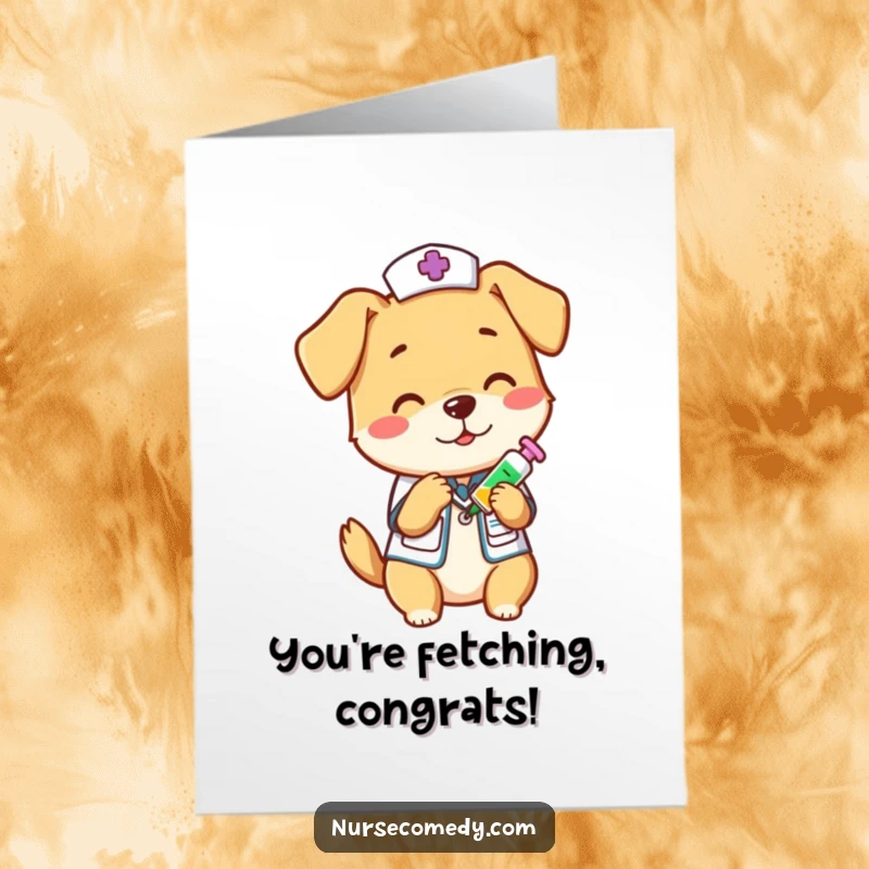 Funny Free Printable Congratulations Card: A playful dog nurse administers a vitamin shot, celebrating good health and energy.