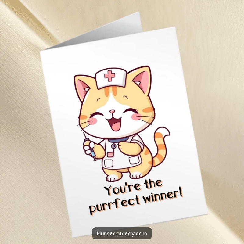 Funny Free Printable Congratulations Card: A smiling cat nurse cheerfully holds a syringe, celebrating a successful recovery.