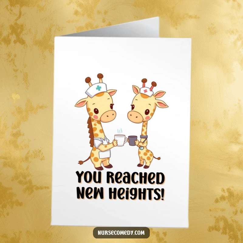 Free Printable Congratulations Card: A giraffe nurse character offering a tiny cup to a grateful friend.