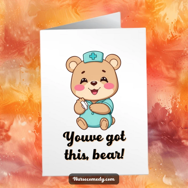Funny Free Printable Congratulations Card: A happy bear nurse smiles widely while bandaging a small paw, celebrating achievements with care.