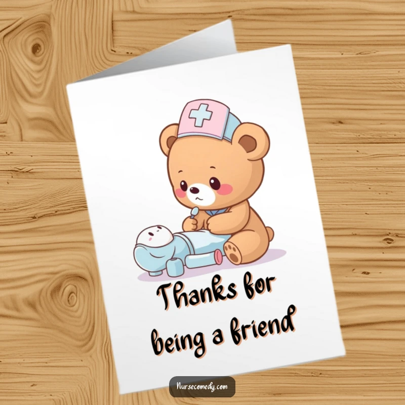 Funny Free Printable Thank You Card: Bear cub nurse cheerfully checks a toy, offering thanks.