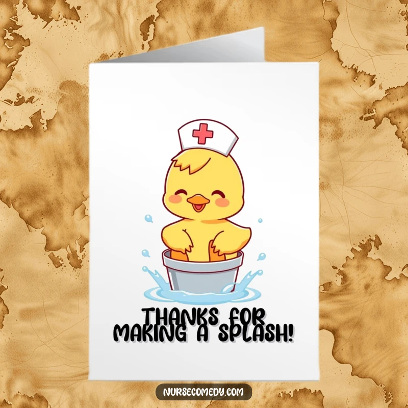 Free Printable Thank You Card: Duck nurse happily splashing water, funny DIY thank you.