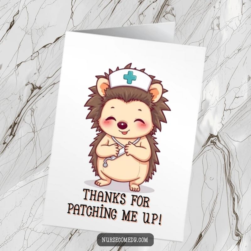 Funny Free Printable Thank You Card: A caring hedgehog nurse character diligently wrapping a paw with a bandage.