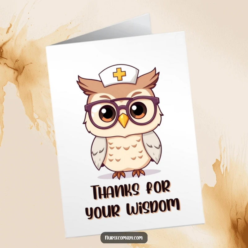 Funny Free Printable Thank You Card: A kawaii owl nurse with oversized glasses, conveying sincere thanks with a humorous touch.