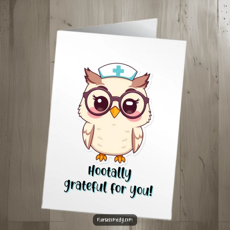 Funny Free Printable Kawaii Owl Nurse Thank You Card, wise owl with spectacles, perfect for showing thoughtful appreciation.